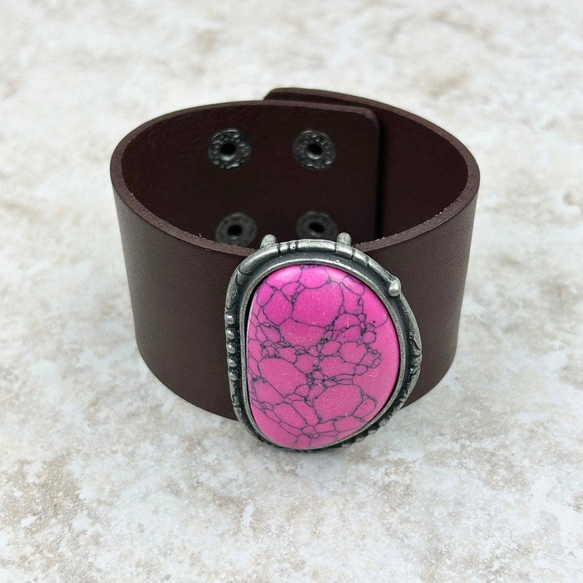 Hot Pink Stone and Dark Brown Leather Cuff Bracelet WildWestBoho