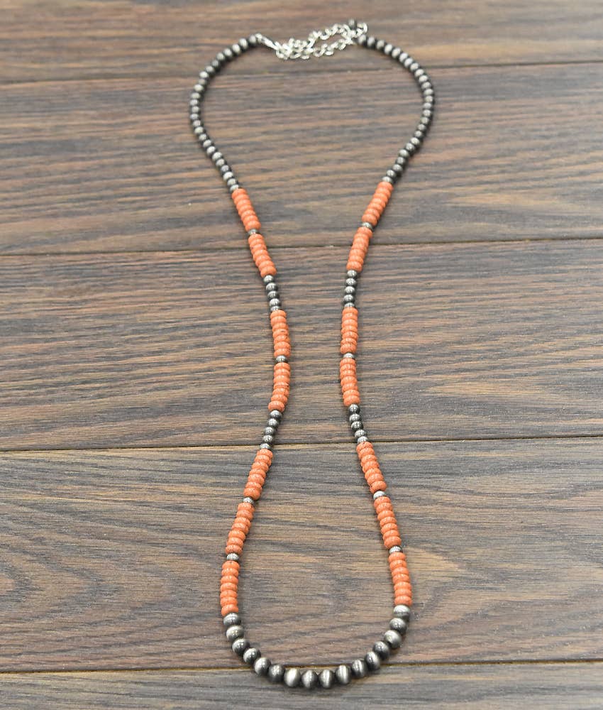 Handmade Navajo Style Orange & SilverBead Necklace 36 to 41 Inch Extra Long Silver Elegant