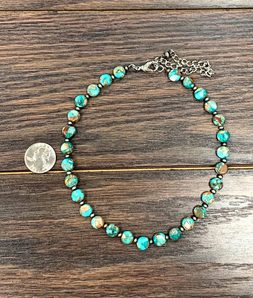 Round Natural Turquoise Gemstone Choker Necklace Extender Handmade Silver Elegant