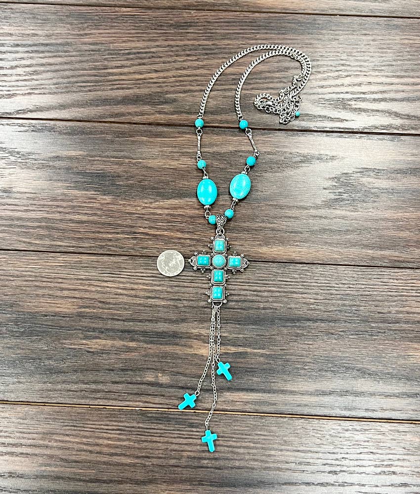 Turquoise Religion Cross Necklace With Tassel Extender 26 To 31 In Silver Elegant