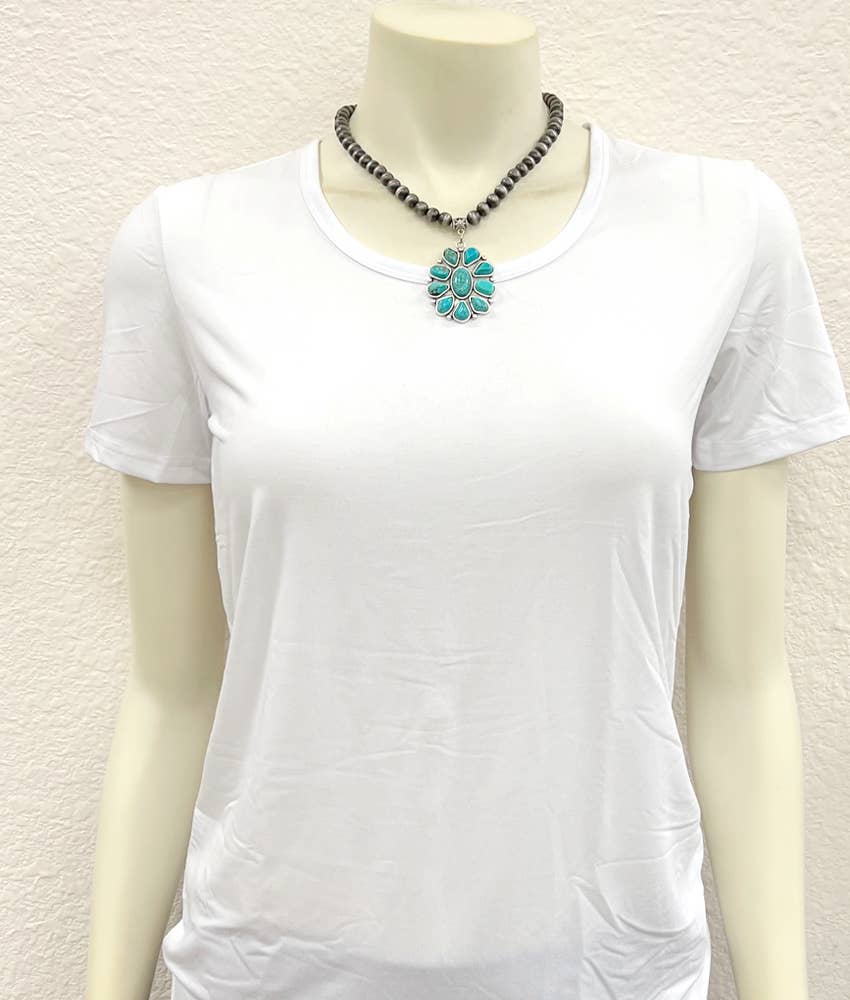 Handmade Navajo Style Turquoise Cluster Pendant 8mm Bead Necklace Wild West Boho