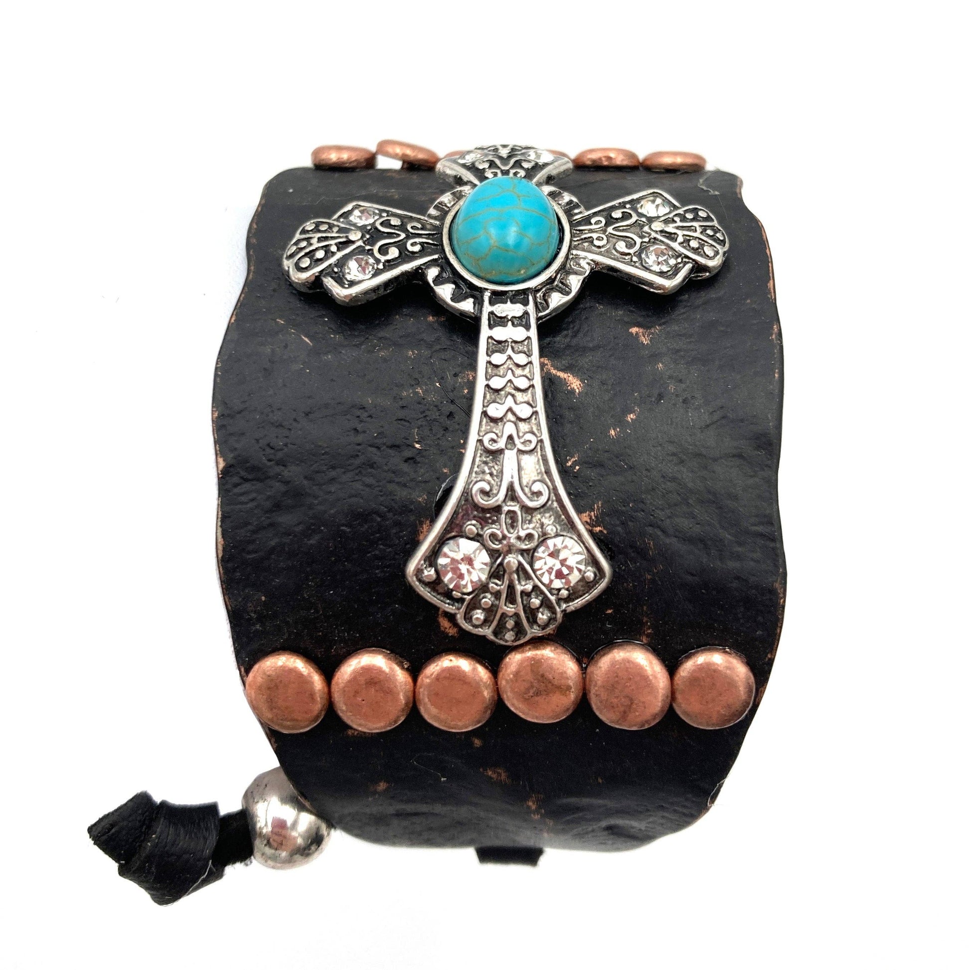 Cross Turquoise Rhinestone Beaded Western Bracelet Cuff With Adjustable Leather Straps In Patina Turquoise Blue And Dark Brown WildWestBoho