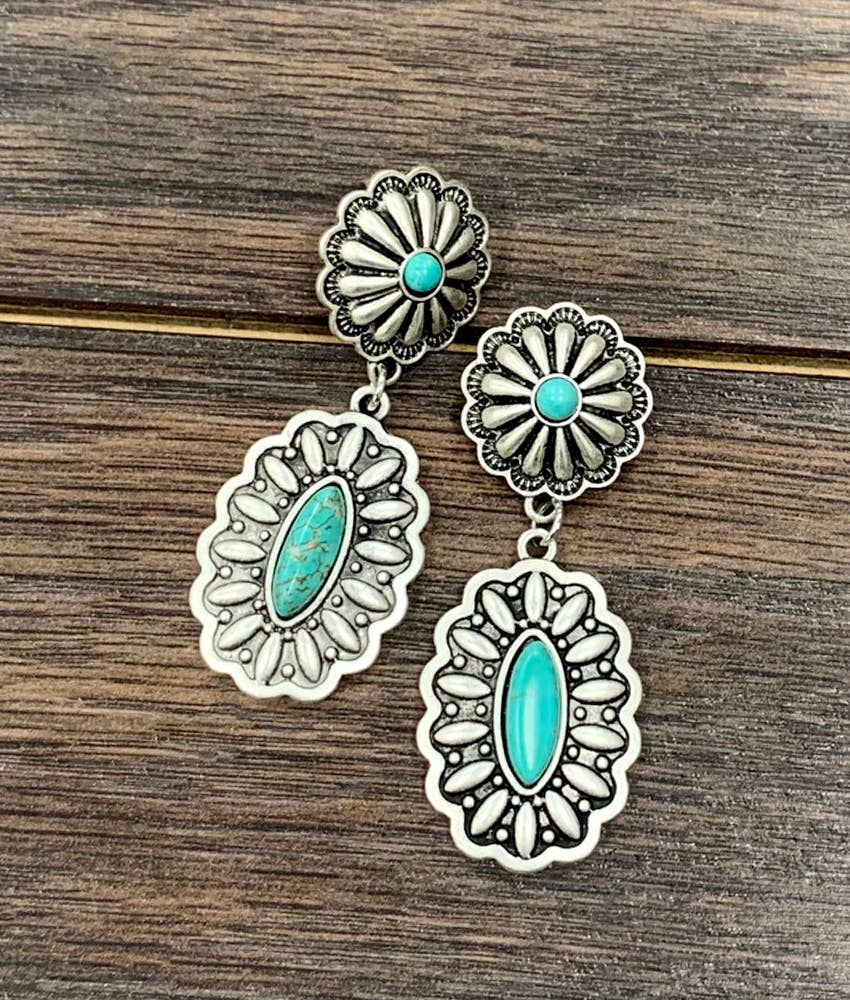Concho Turquoise Brass Post Earrings 2.2 Inches Long Antique Silver Plate Silver Elegant