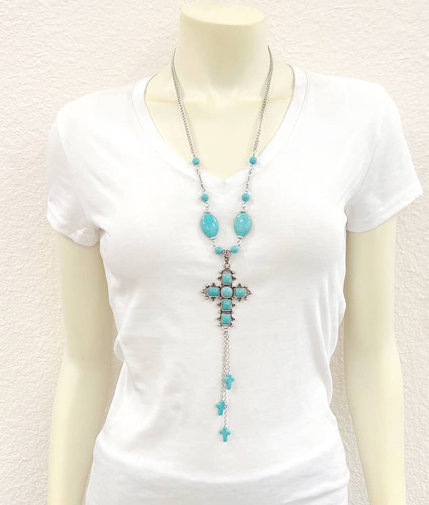 Turquoise Religion Cross Necklace With Tassel Extender 26 To 31 In Silver Elegant