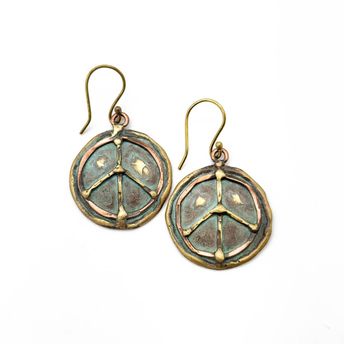 Handcrafted Verdigris Peace Sign Brass Patina Dangle Earrings Silver Elegant