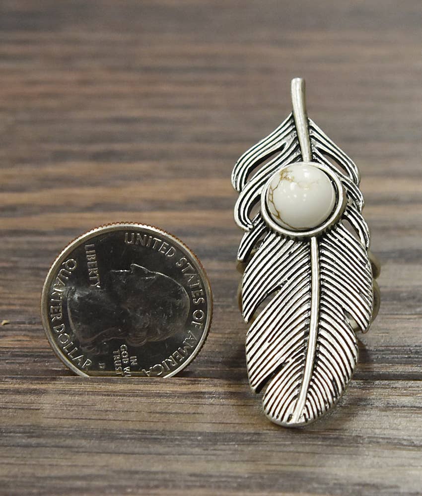 Navajo Style Feather White Turquoise Adjustable Statement Cuff Ring for All Sizes Silver Elegant