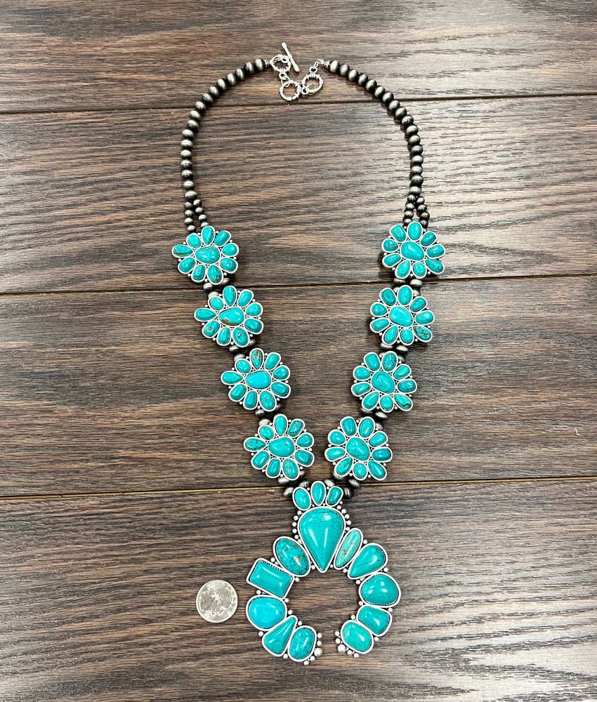 Handmade Squash Blossom Pearl Turquoise Necklace 30 Inch Long Silver Elegant
