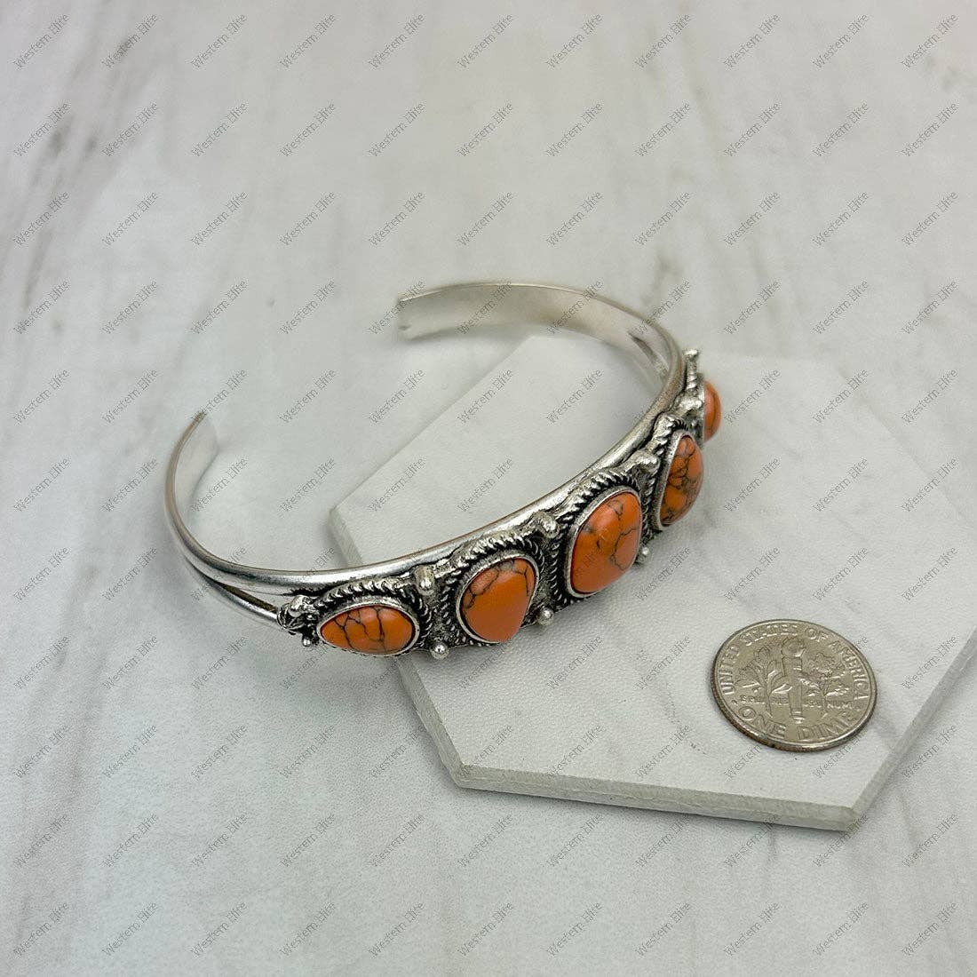 Navajo Style Orange Turquoise Stone Silver Metal Bangle Bracelet Silver Elegant