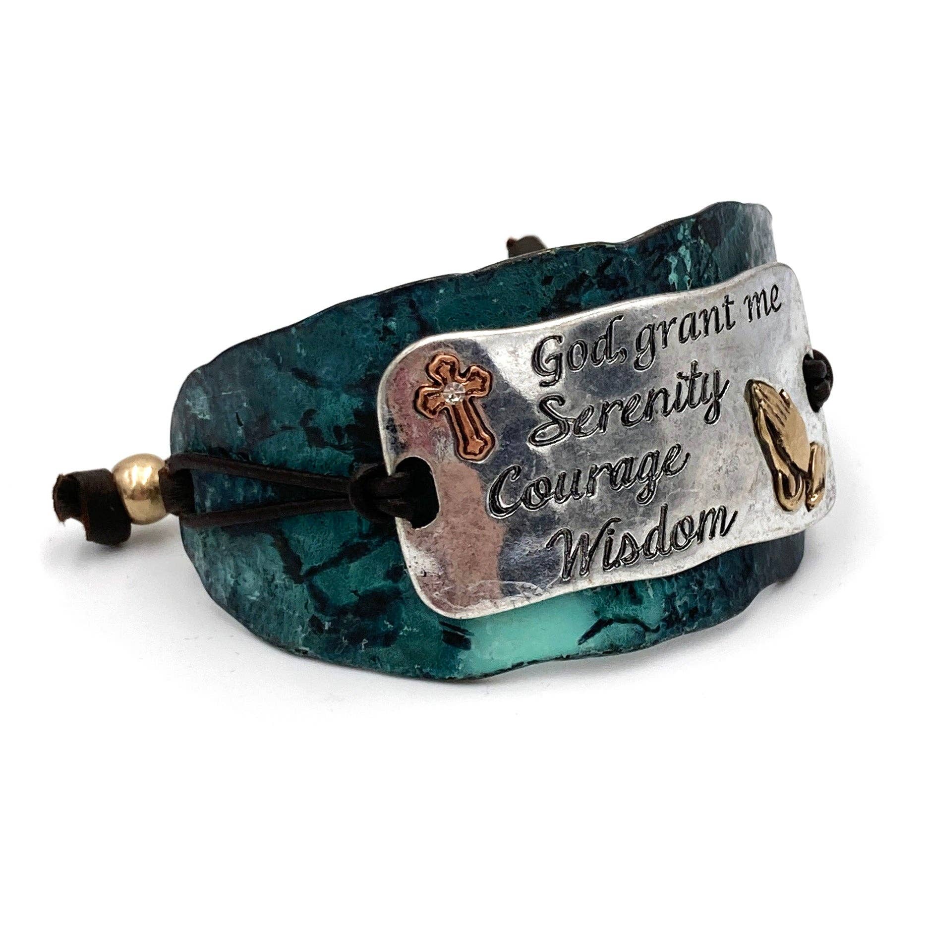 Serenity Prayer Bracelet Cuff in Patina with Copper Cross and Gold Praying Gesture on Silver Plate Leather Adjustable WildWestBoho