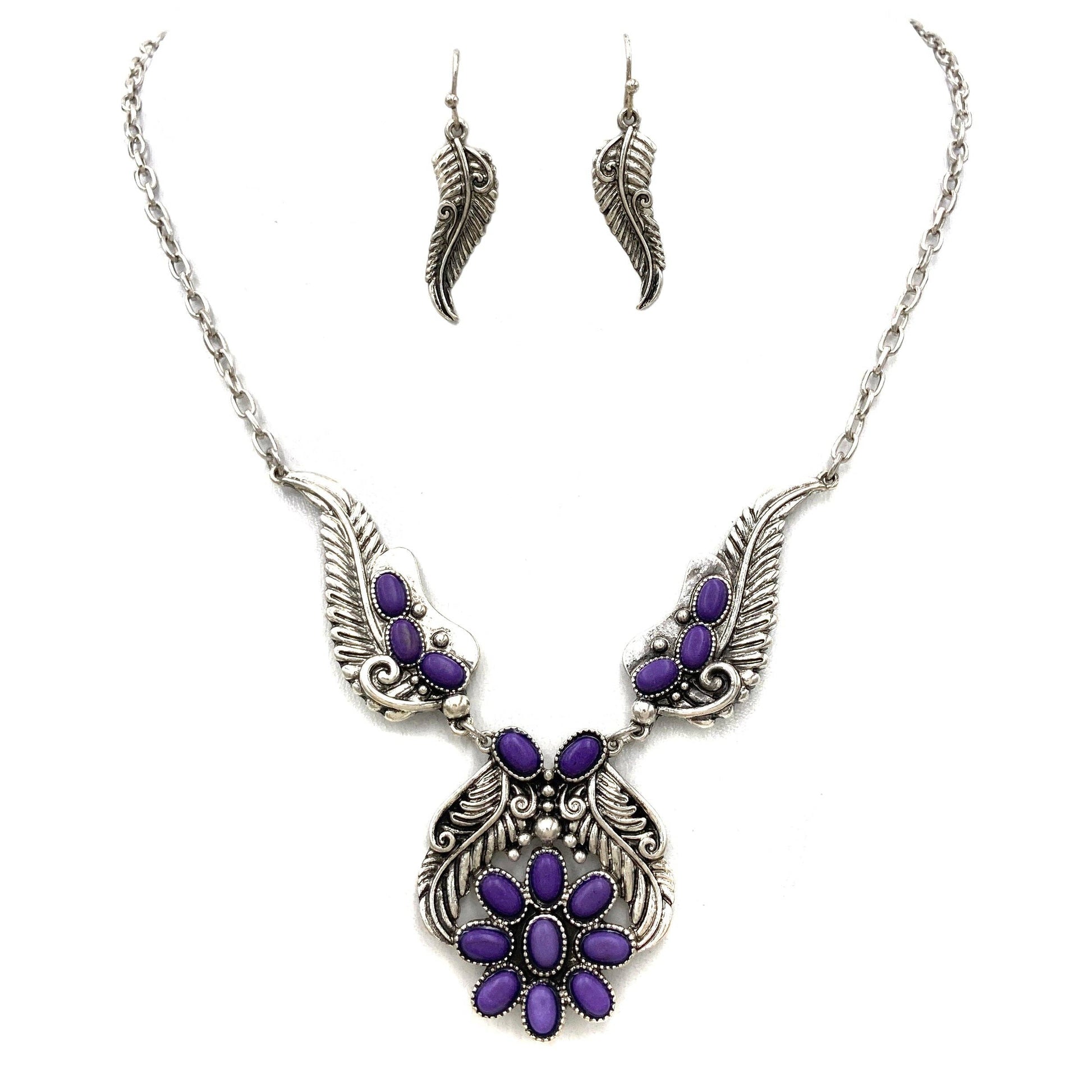 Bohemian Willow Leaf Turquoise Cabochon Jewelry Set: Necklace & Earrings - Silver Elegant