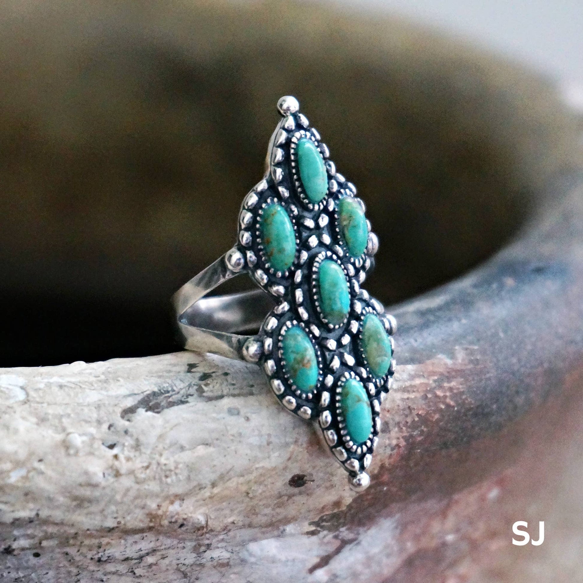 Native Inspired Turquoise Elegance: Adjustable Antique Sterling Silver Ring, Gift Box Silver Elegant