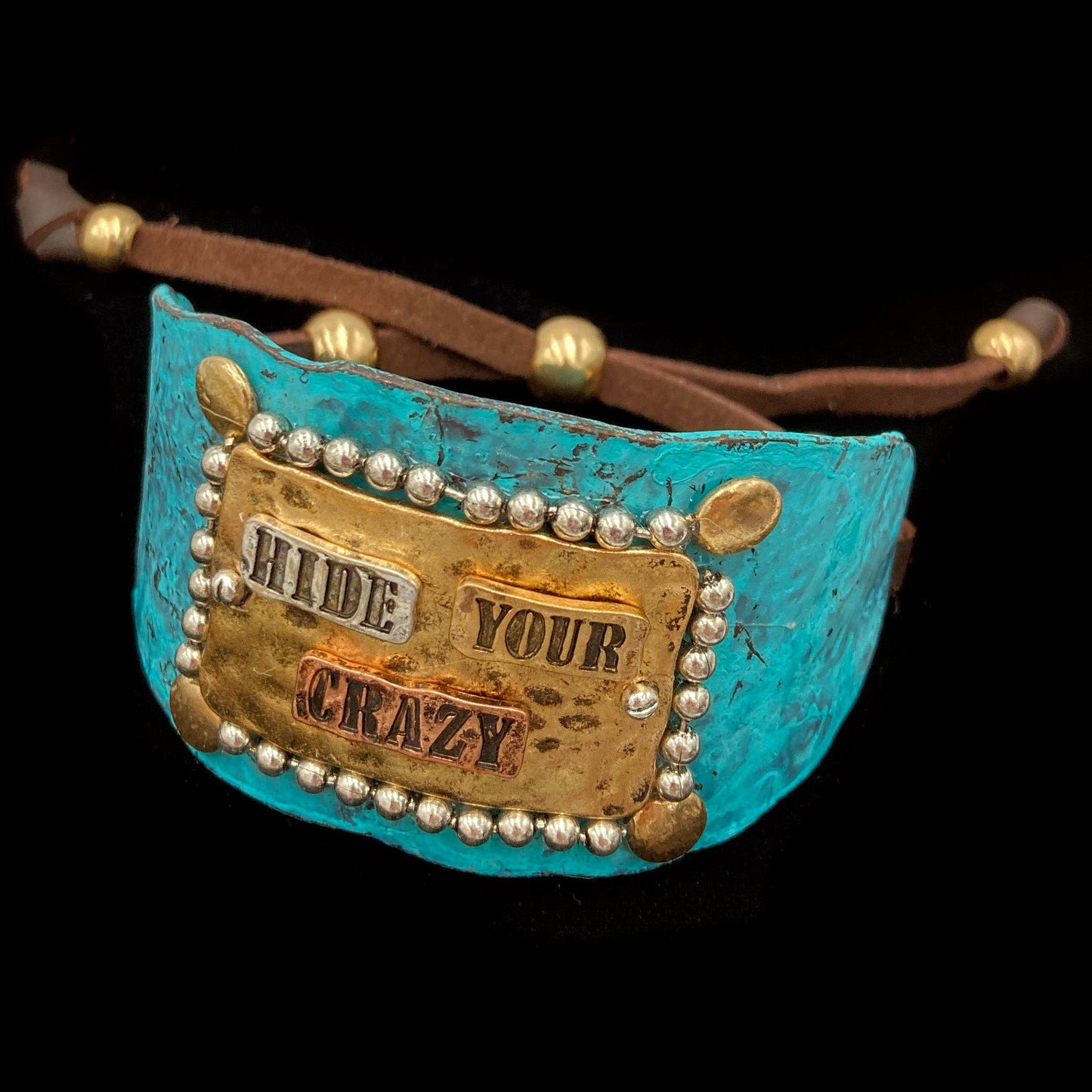 Hide Your Crazy Patina Western Bracelet Cuff with Adjustable Leather Strap WildWestBoho