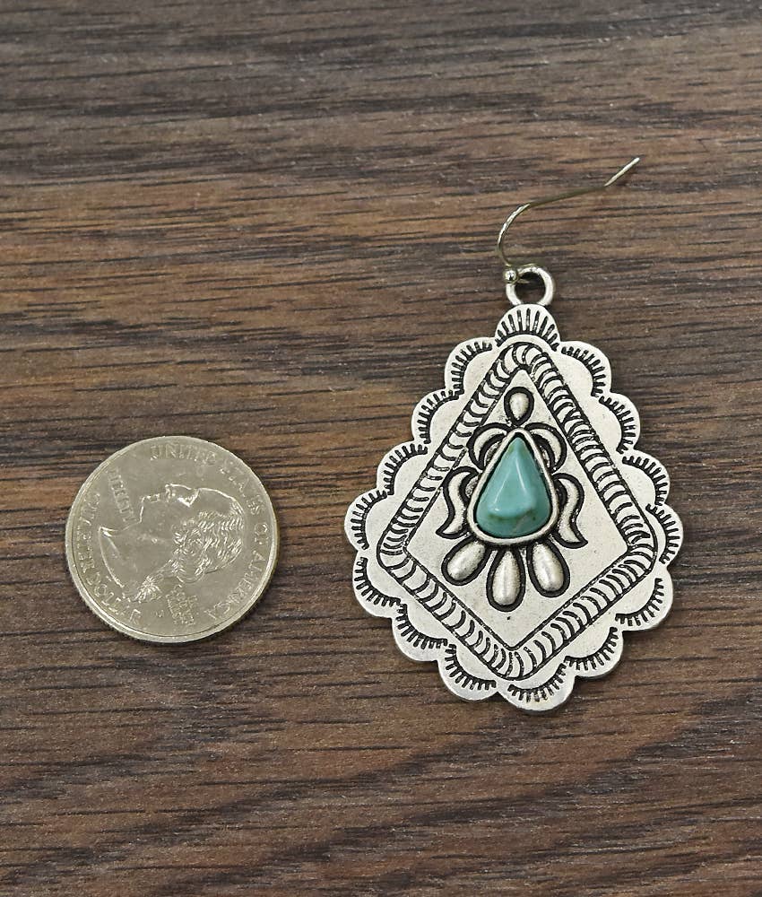 721034 Concho Turquoise Earrings - 2 Inch Long Beauty Silver Elegant