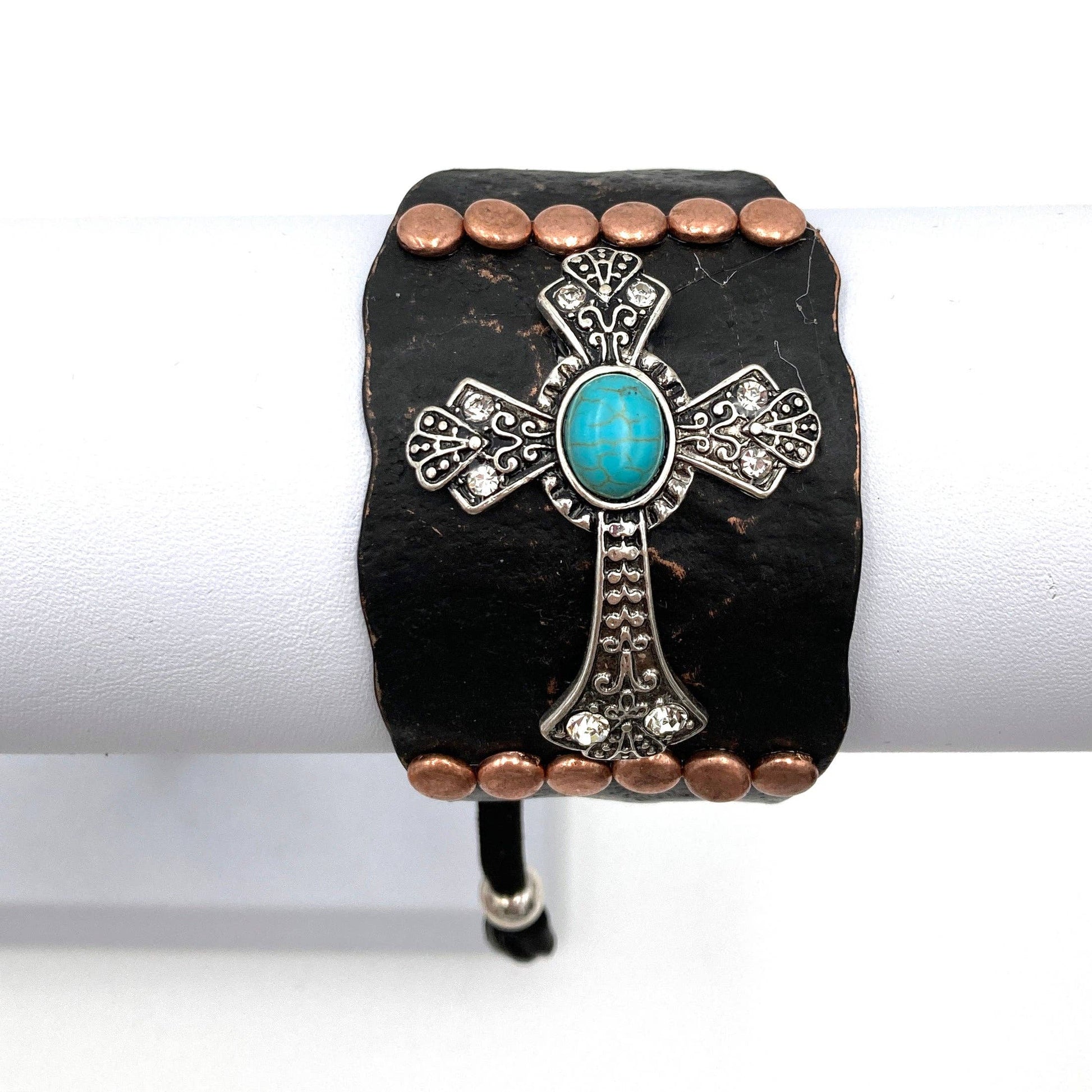 Cross Turquoise Rhinestone Beaded Western Bracelet Cuff With Adjustable Leather Straps In Patina Turquoise Blue And Dark Brown WildWestBoho