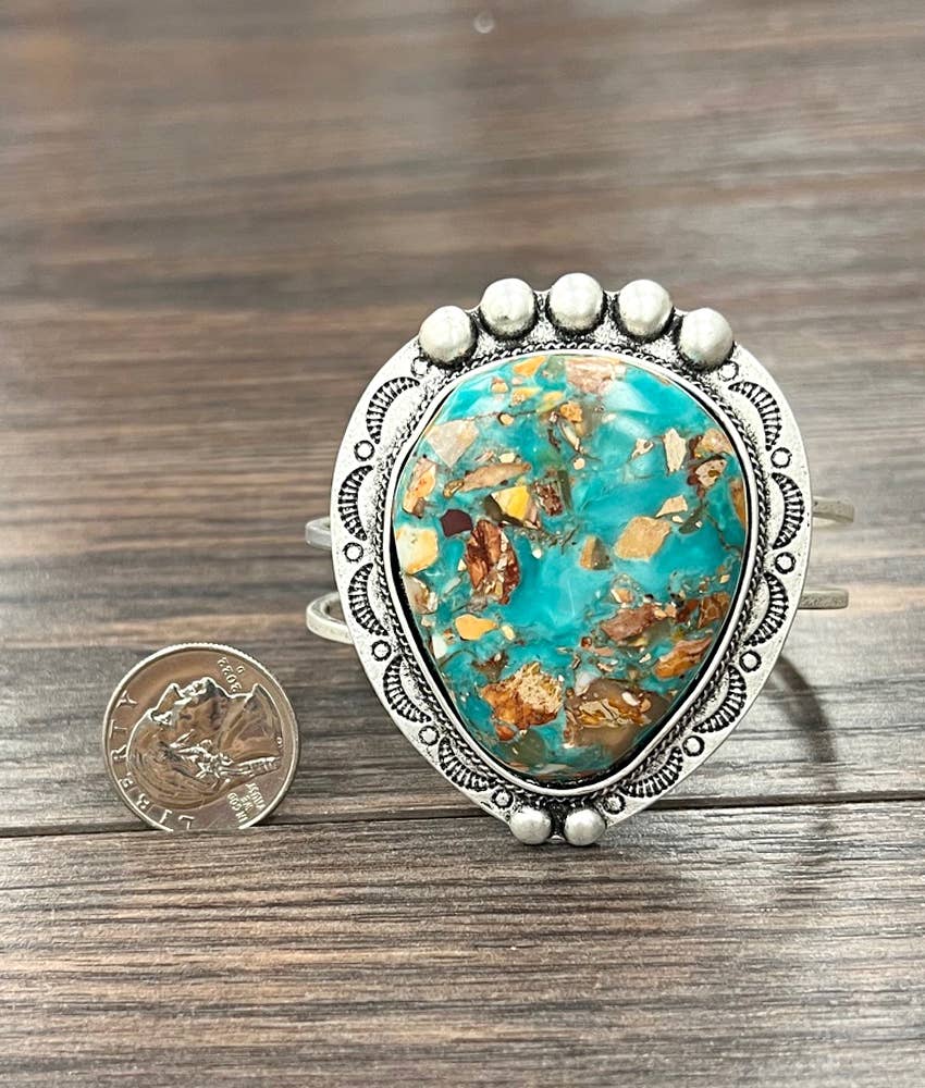 Navajo Natural Gemstone Brass Cuff Bracelet Antique Silver Plate Silver Elegant