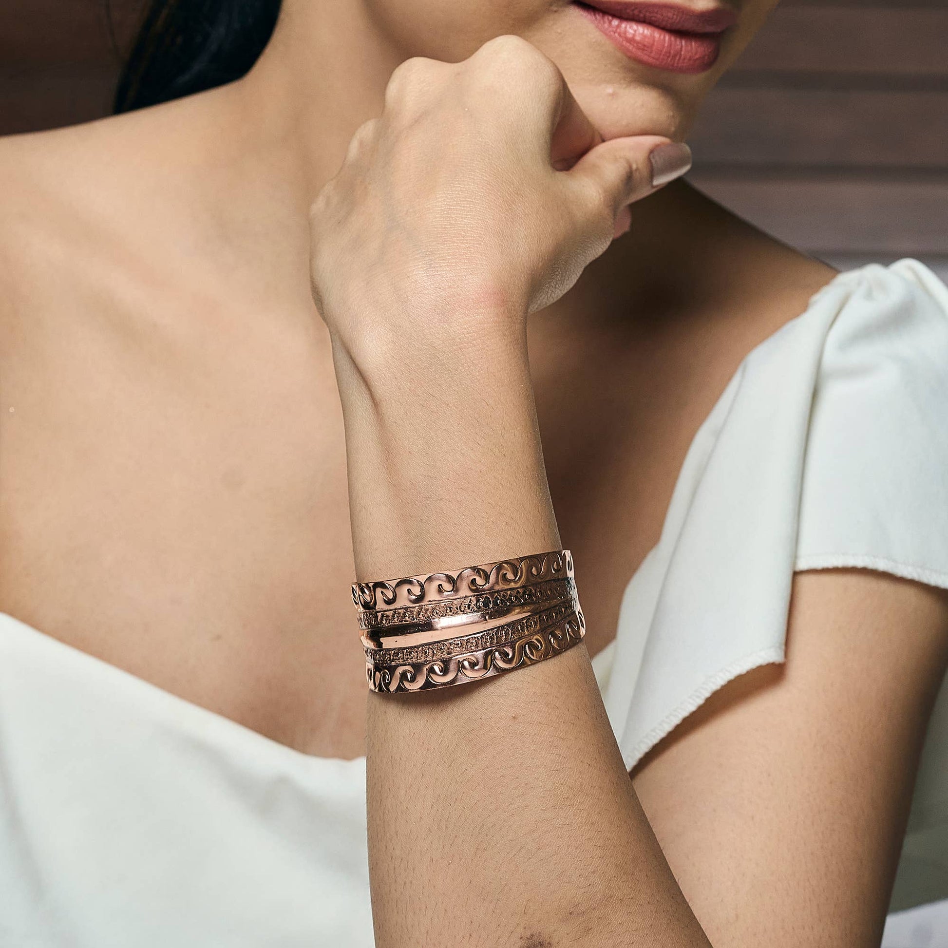 Ocean Wave Copper Cuff With Scrollwork Handcrafted Jewelry Anju Jewelry