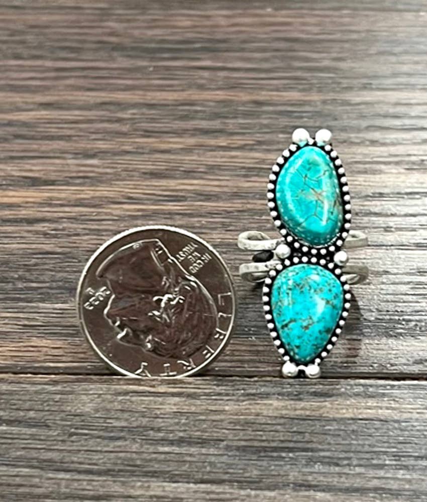 Boho Cowgirl Turquoise Adjustable Statement Cuff Ring with Brass Dual Band Silver Elegant
