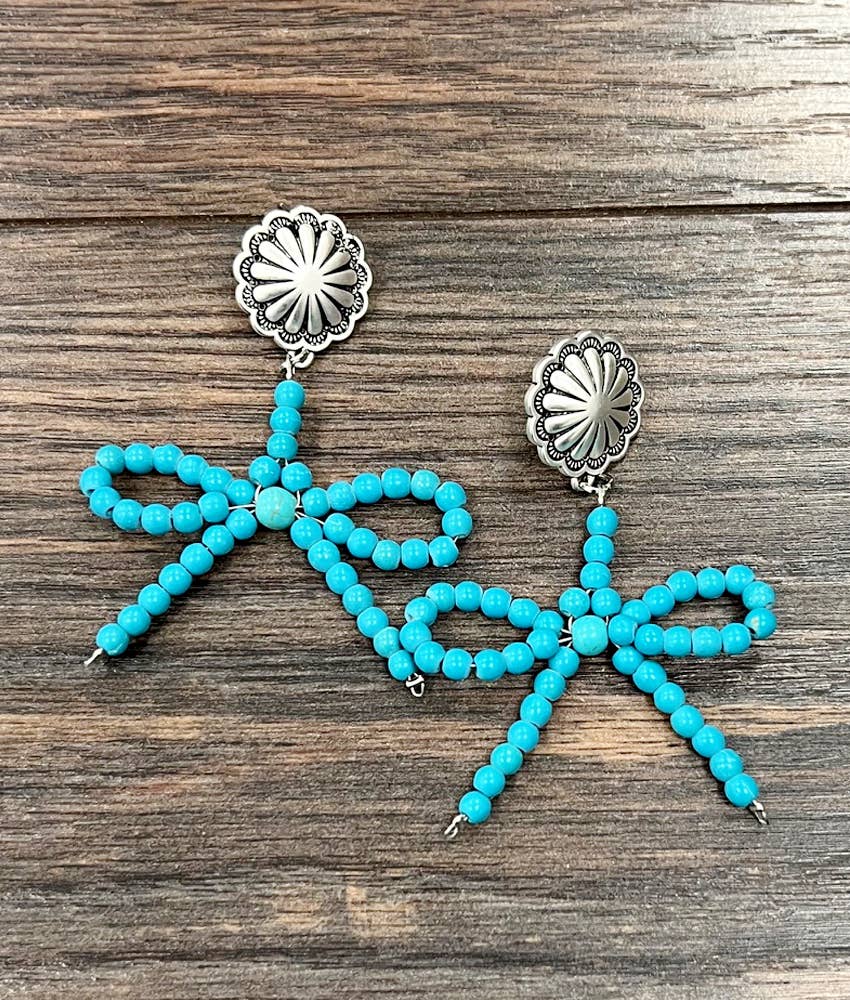 Handmade Ribbon Bow Post Earrings with Turquoise Beads, Western Boho, Ships in Gift Box Silver Elegant