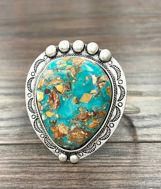 Navajo Natural Gemstone Brass Cuff Bracelet Antique Silver Plate Silver Elegant