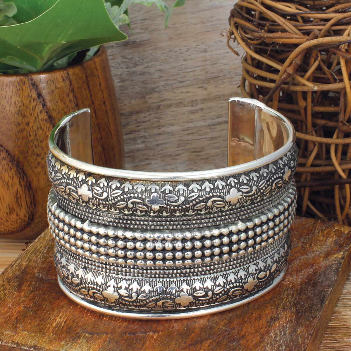 Handmade Silver Embossed Floral Cuff Bracelet Boho Gypsy Style Wild West Boho