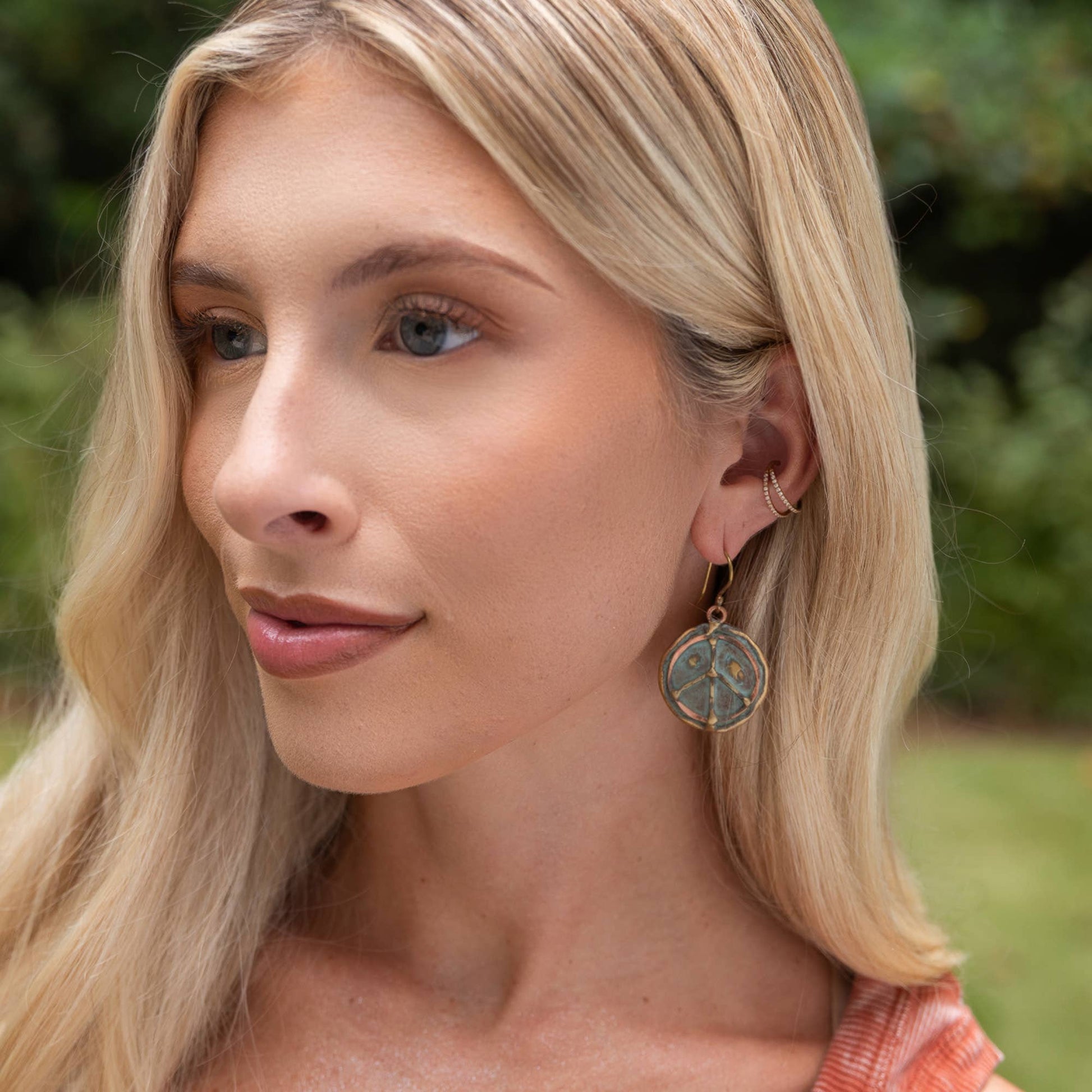 Handcrafted Verdigris Peace Sign Brass Patina Dangle Earrings Silver Elegant