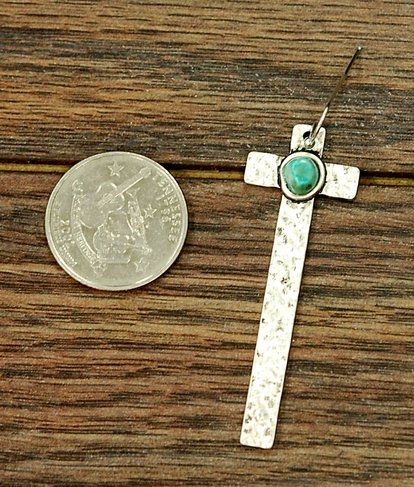 Cross Turquoise Earrings with Hammered Design, Southwestern Religion Earring Silver Elegant