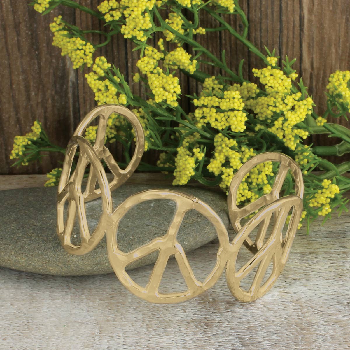 Woodstock Vibes Gold Peace Sign Hippie Bracelet Hammered Vintage Boho Cuff Wild West Boho