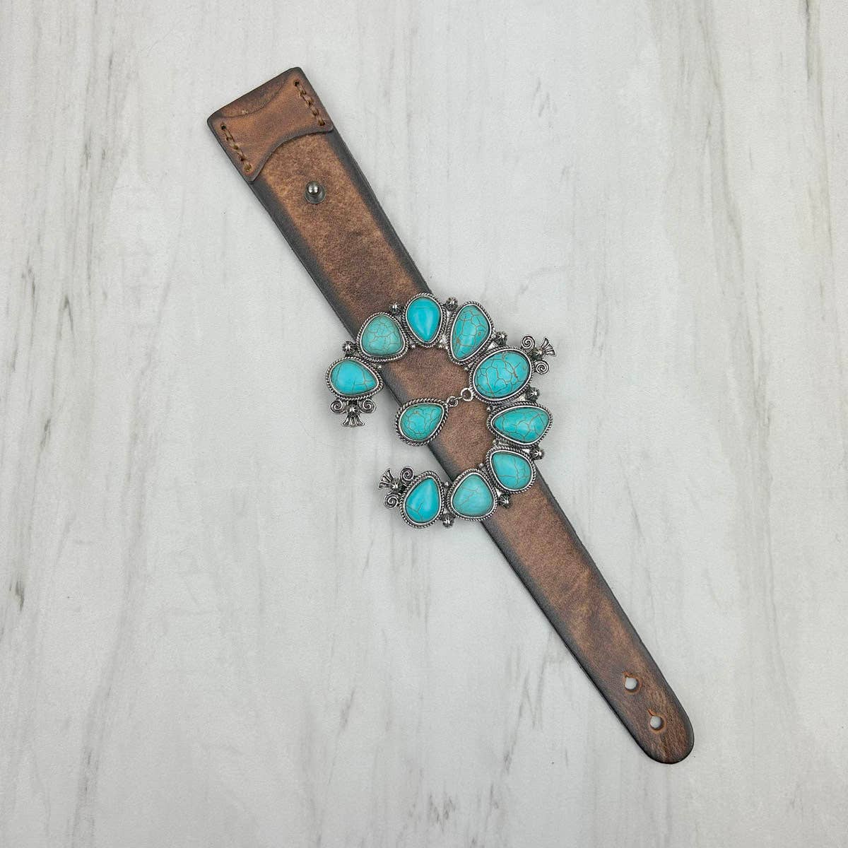 Brown Leather Bracelet with Large Blue Turquoise Blossom Design WildWestBoho