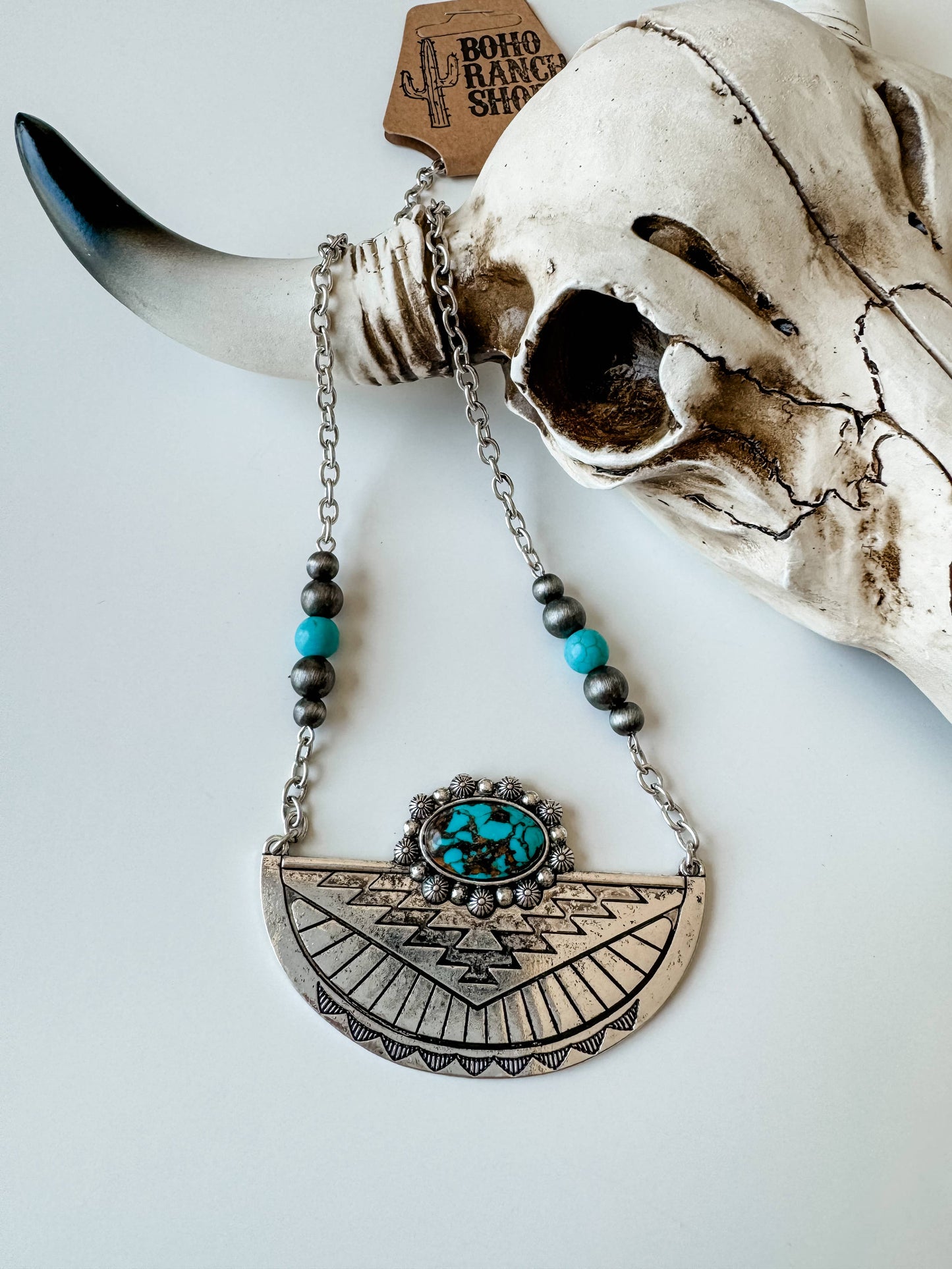 Western Aztec Style Turquoise Stone Pendant Necklace with Burnished Silver and Extension Chain WildWestBoho