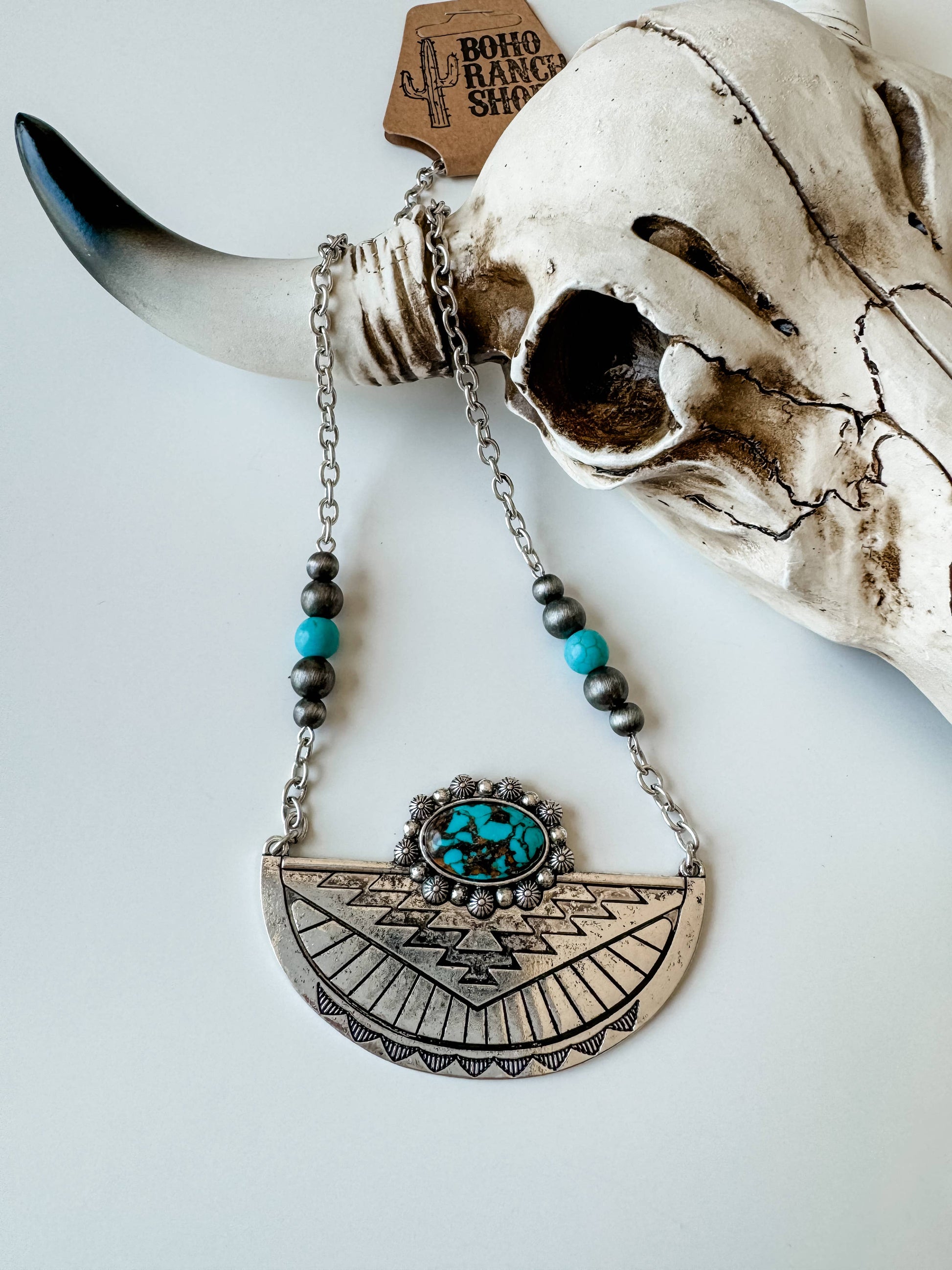 Western Aztec Style Turquoise Stone Pendant Necklace with Burnished Silver and Extension Chain WildWestBoho
