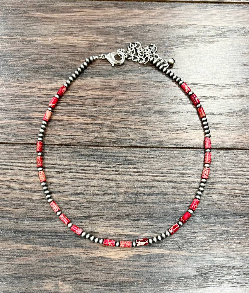 Handmade Navajo Style Bead and Cylindrical Gemstone Necklace 16 to 21 Inches Silver Elegant