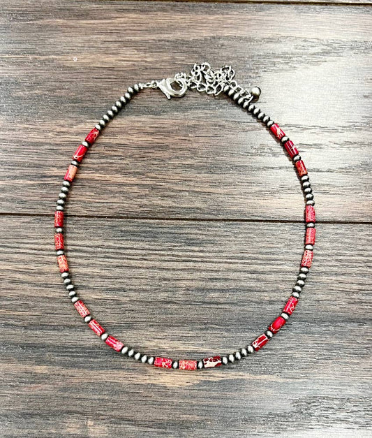 Handmade Navajo Style Bead and Cylindrical Gemstone Necklace 16 to 21 Inches Silver Elegant
