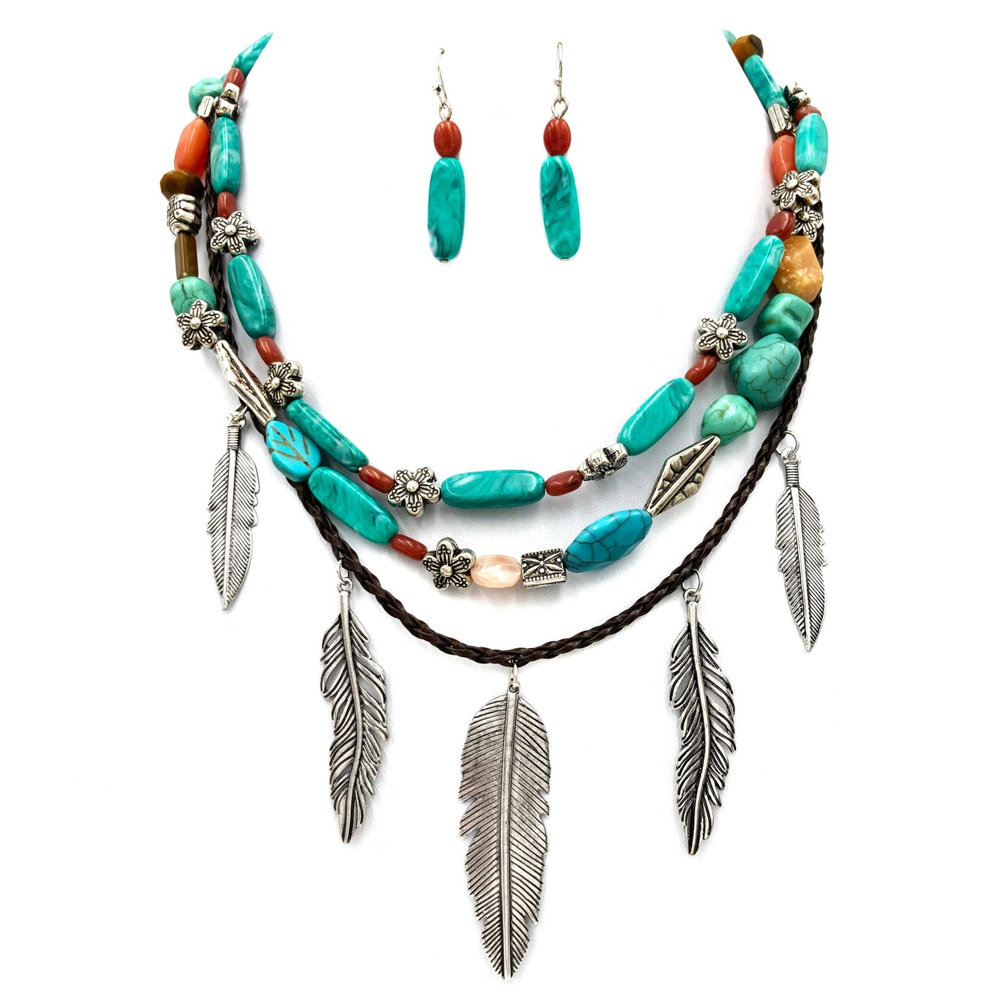 Turquoise Feather Southwestern Boho Multi Necklace and Earrings Set Silver Elegant