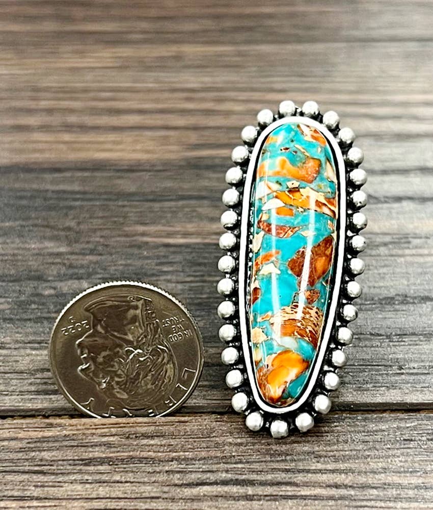 Southwestern Gemstone Adjustable Statement Cuff Ring with Brass Dual Band Silver Elegant