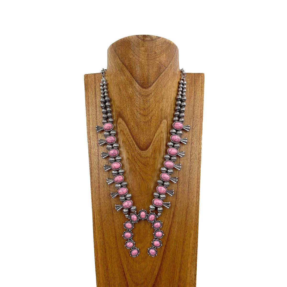Boho Light Pink Faux Stone Squash Blossom Necklace With Vintage Charm, Silver Tone Silver Elegant
