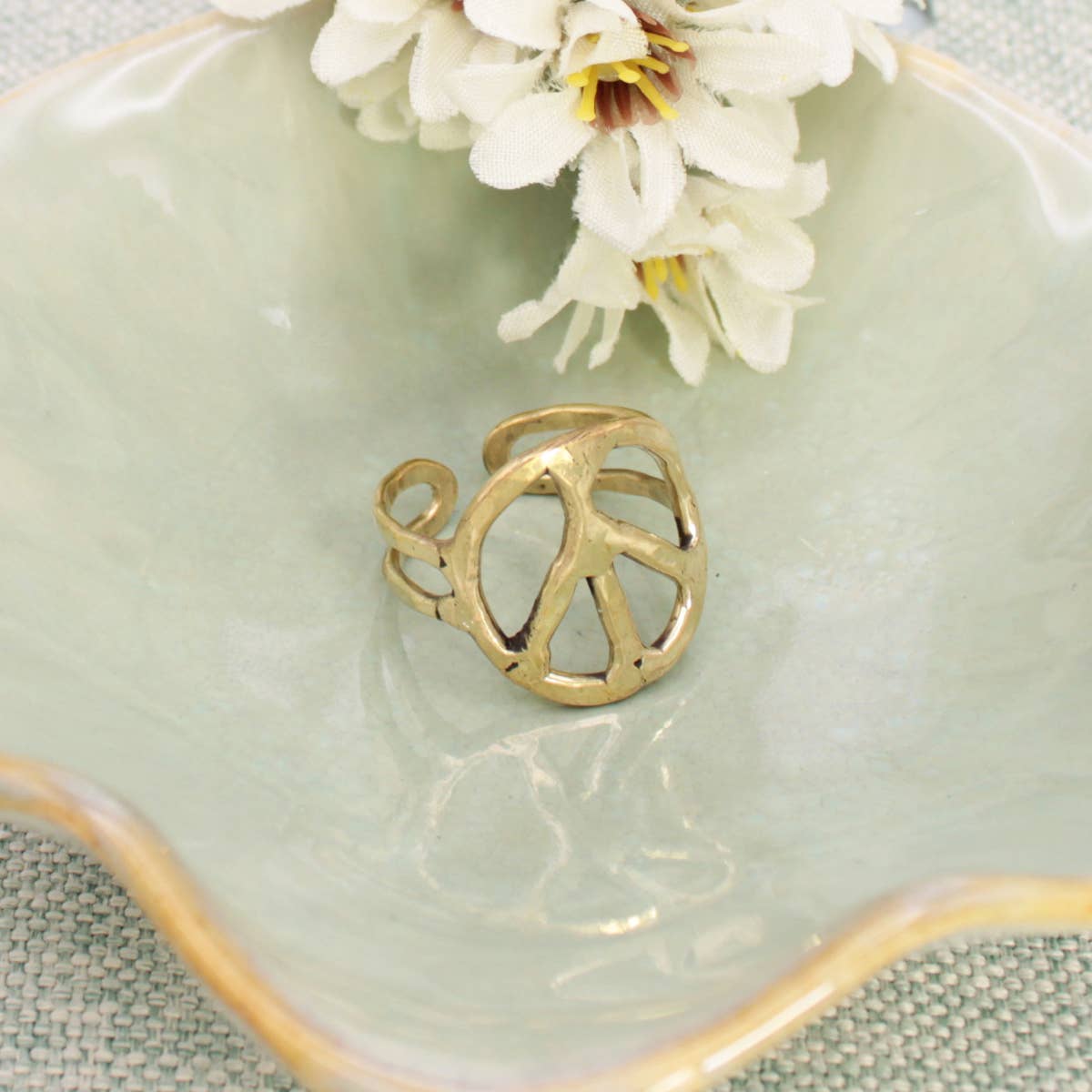 Gold Hammered Peace Sign Hippie Ring Boho Vintage Style Adjustable Wild West Boho