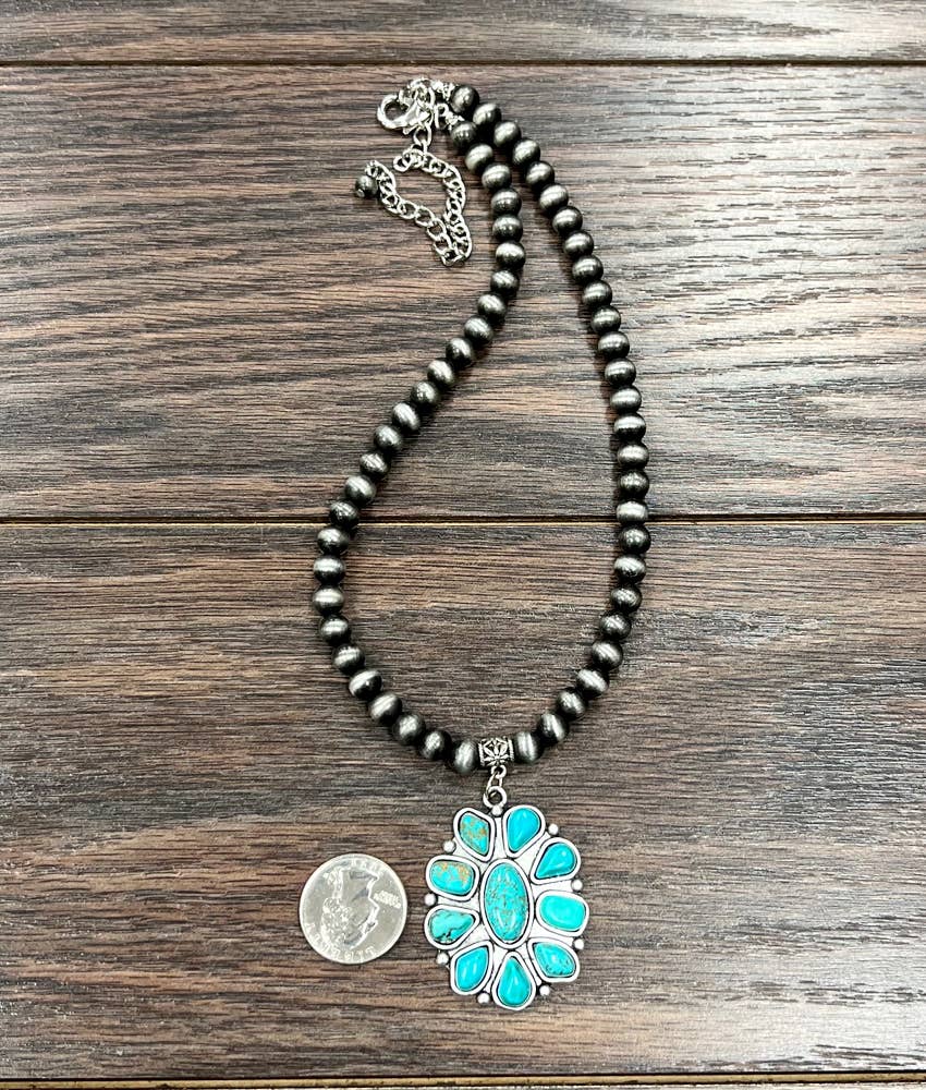 Handmade Navajo Style Turquoise Cluster Pendant 8mm Bead Necklace Wild West Boho