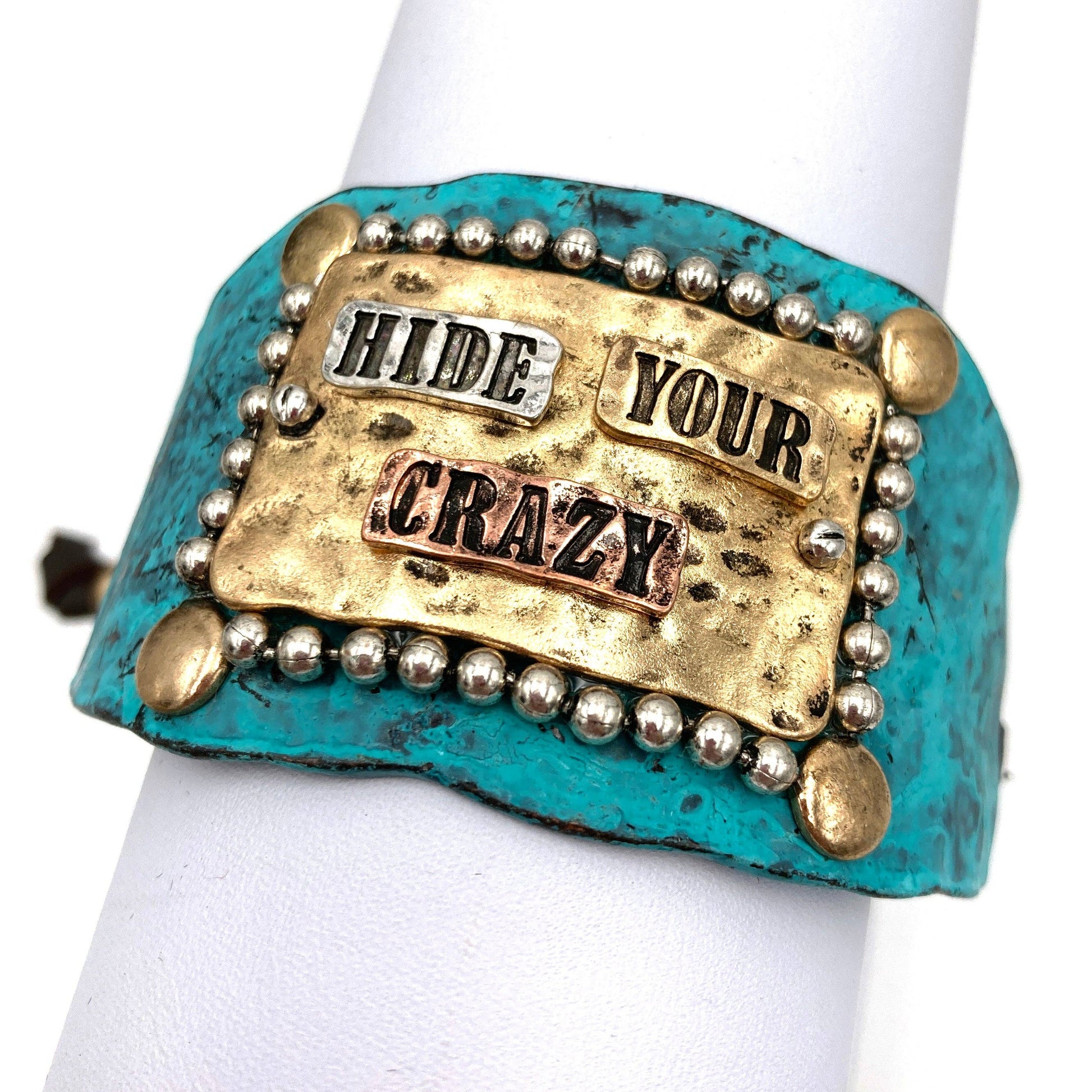 Hide Your Crazy Patina Western Bracelet Cuff with Adjustable Leather Strap WildWestBoho