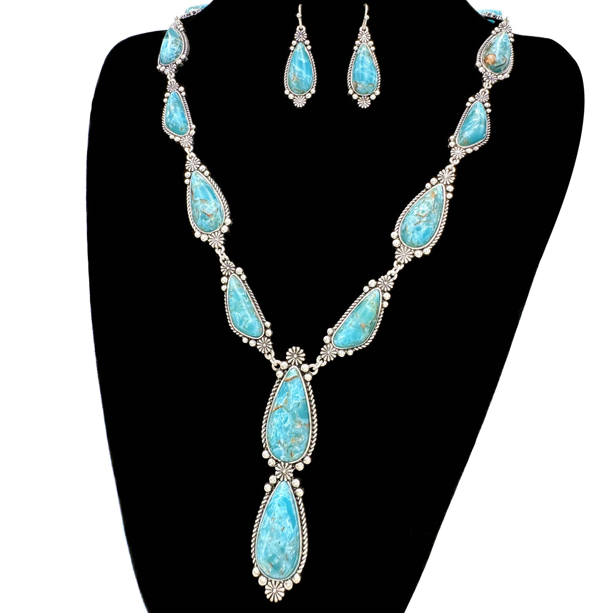 Genuine Turquoise Teardrop Silver Necklace Set Lunar Deer