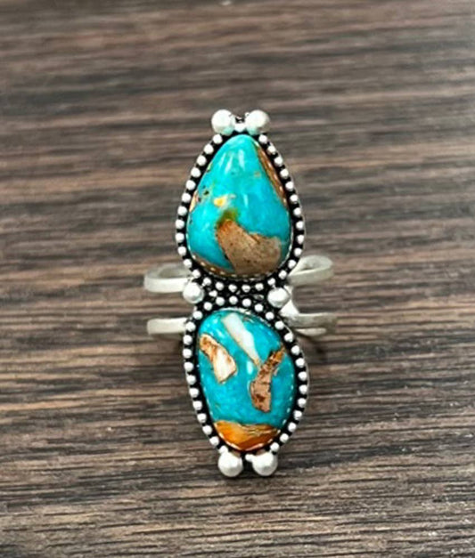 Southwestern Gemstone Adjustable Ring with Brass Dual Band, Statement Cuff Ring Silver Elegant