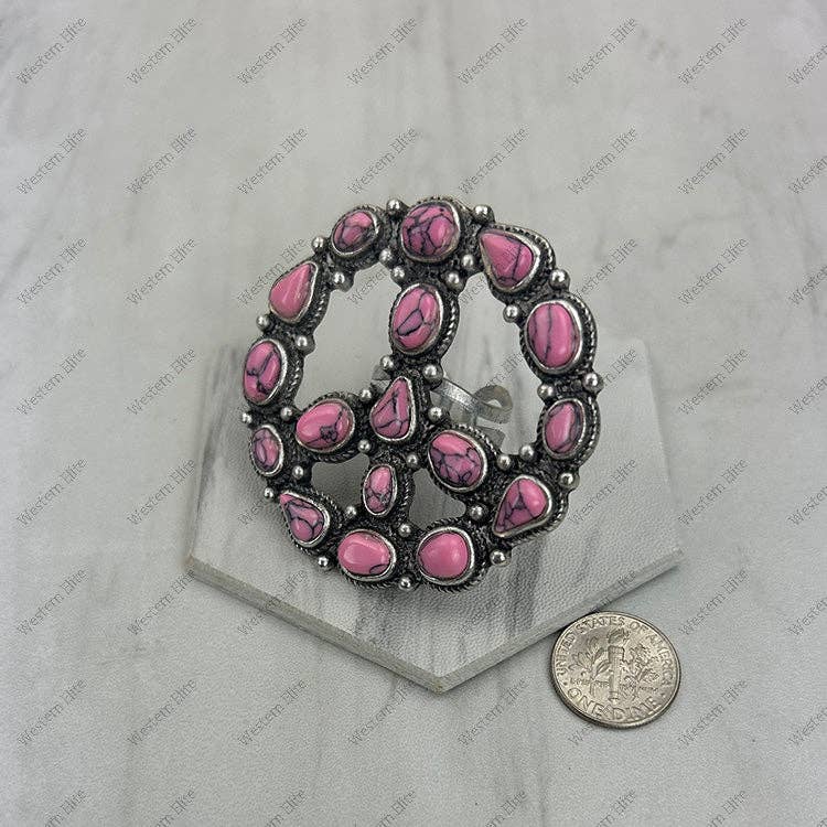Handcrafted Hot Pink Turquoise Stone Peace Sign Ring In Silver Metal, Adjustable Wild West Boho