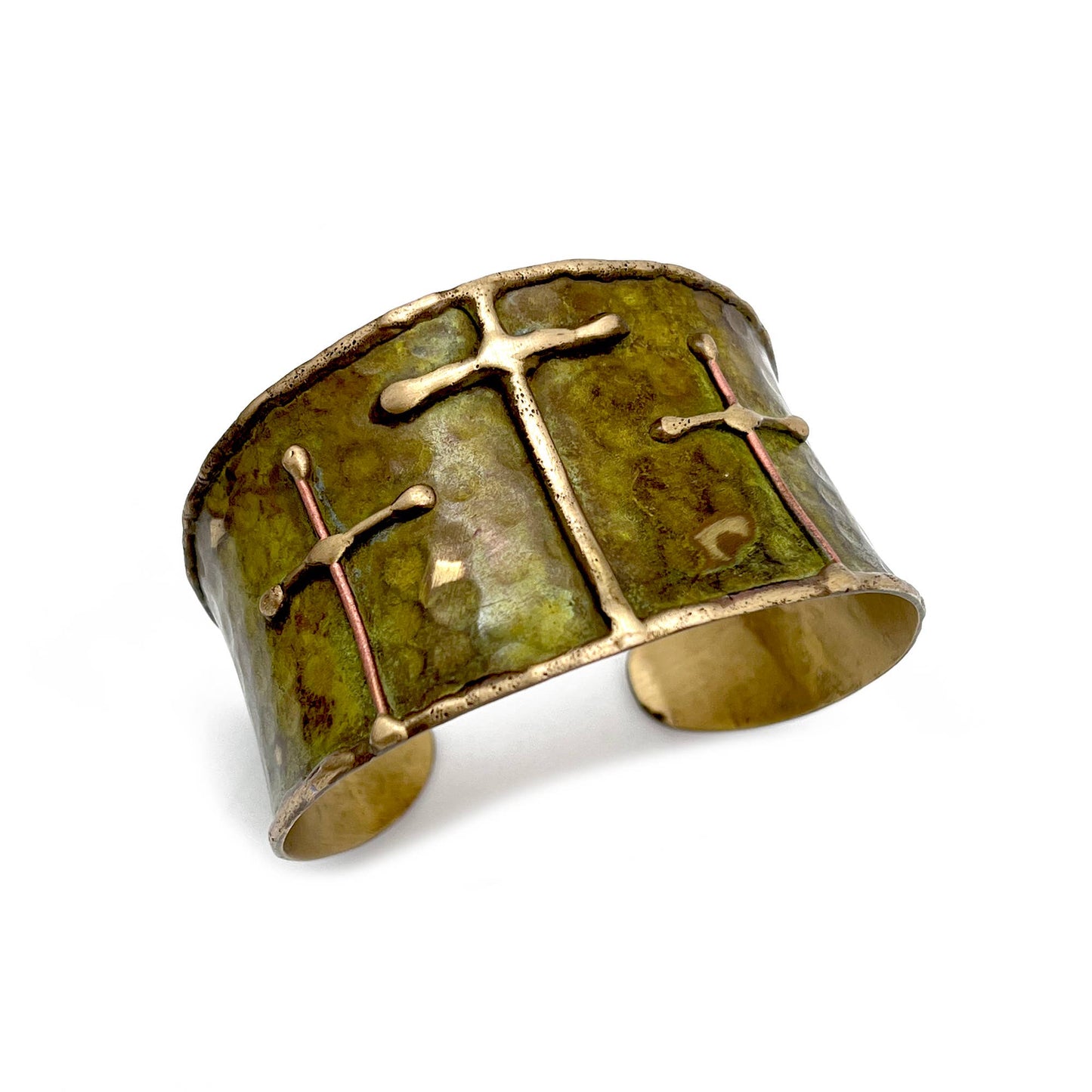 Brass Patina Cuff Bracelet Green Crosses Handcrafted Statement Jewelry Anju Jewelry