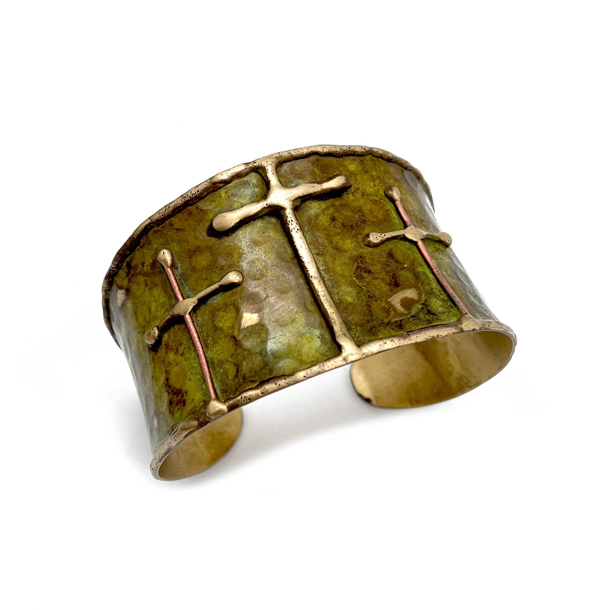 Brass Patina Cuff Bracelet Green Crosses Handcrafted Statement Jewelry Anju Jewelry