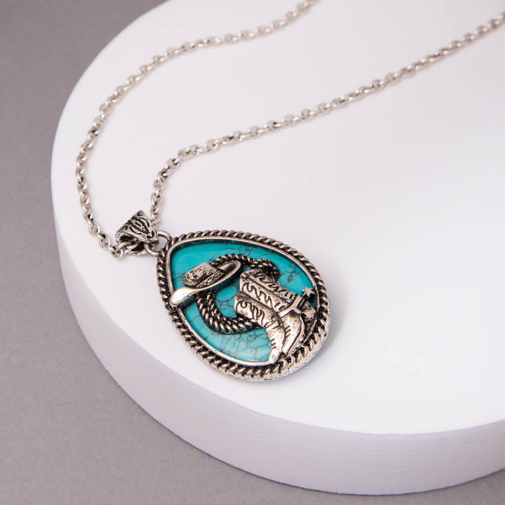 SouthWestern Turquoise Hat and Boot Teardrop Pendant Necklace WildWestBoho