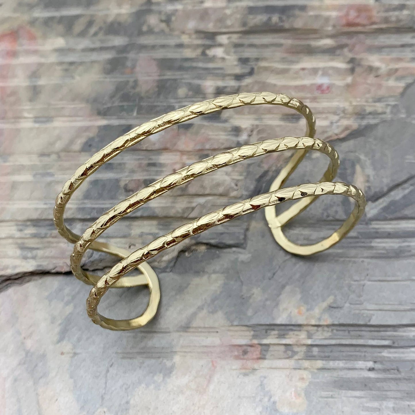 Handcrafted Boho Gold Plated Adjustable Cuff Bracelet - 3 Textured Bandsl - Gift Box - Silver Elegant