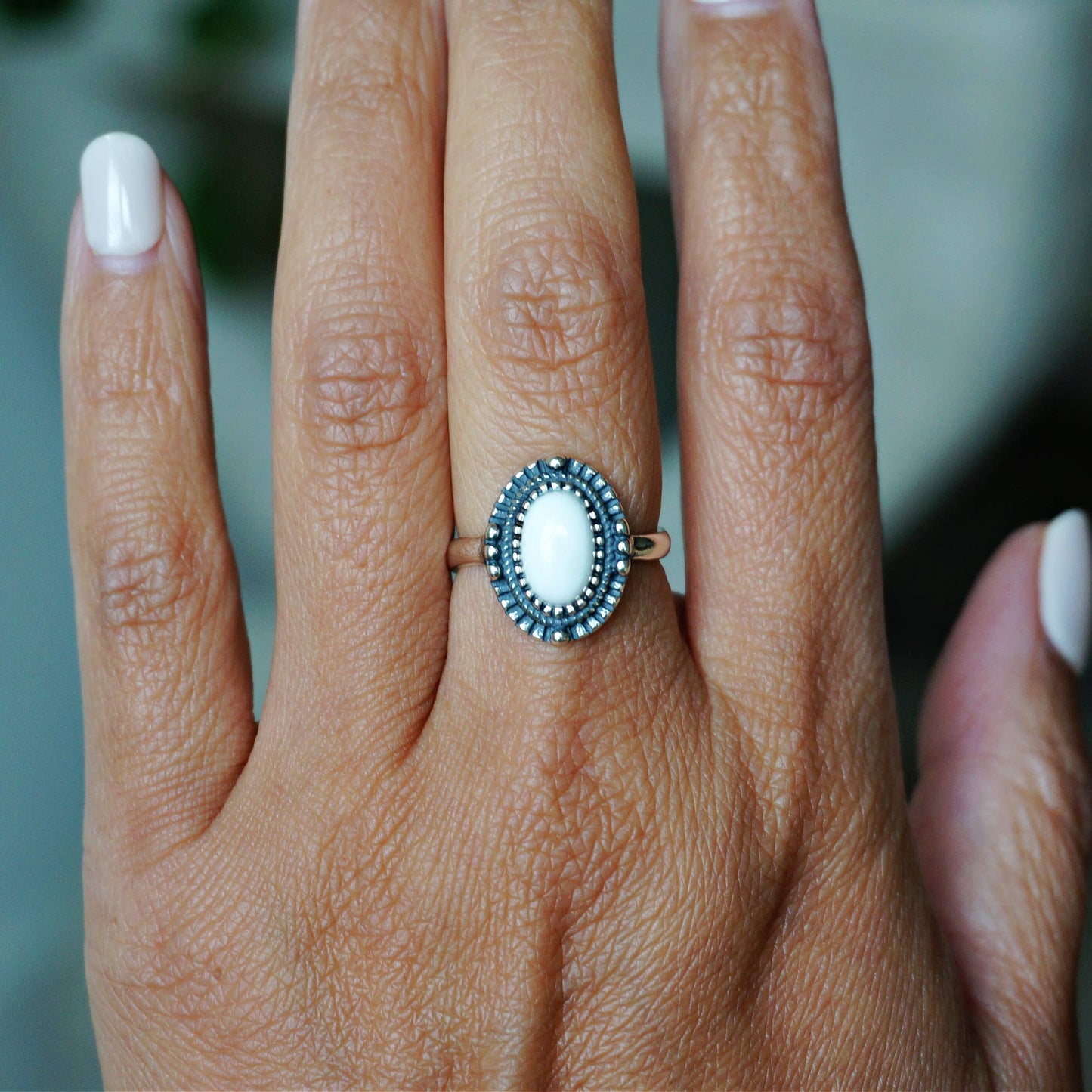 Boho Native Inspired Radiant White Agate Statement Ring, Sterling Silver, Gift Box Silver Elegant