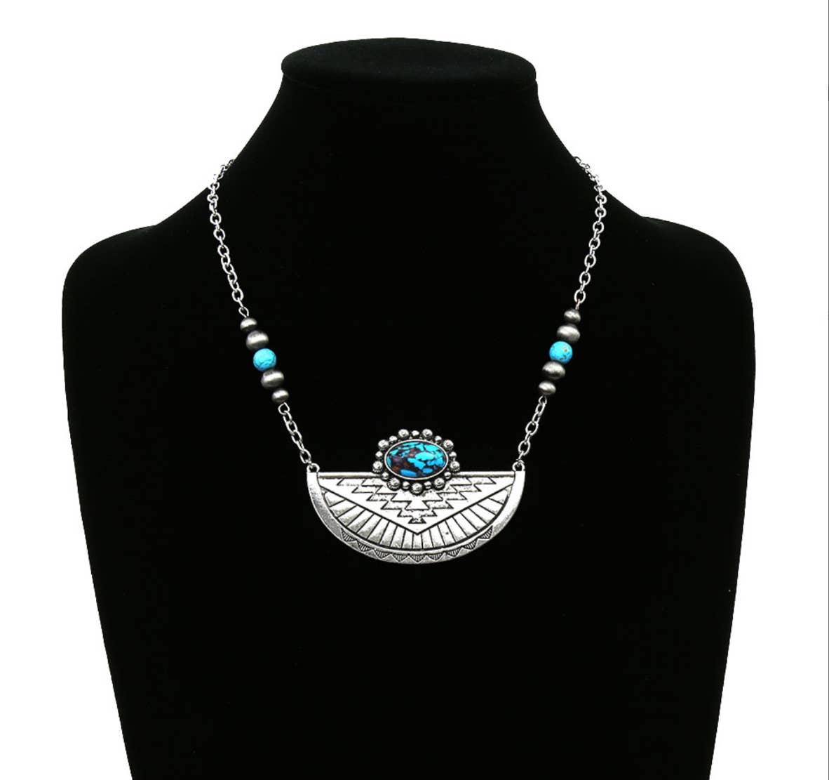 Western Aztec Style Turquoise Stone Pendant Necklace with Burnished Silver and Extension Chain WildWestBoho