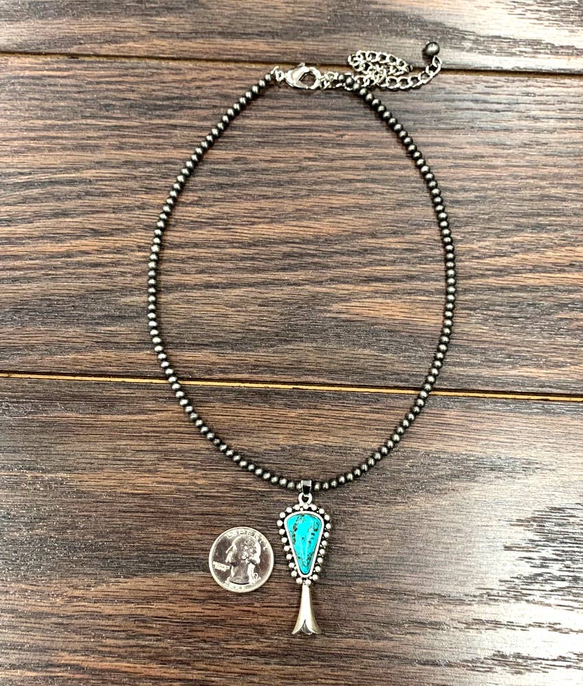 Handmade Squash Blossom Turquoise 4mm Necklace With Navajo Style Bead Pendant Wild West Boho