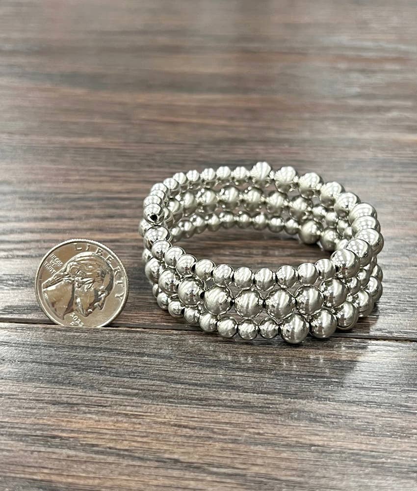Handmade Faux Silver Navajo Bead Pearls Wrap Bracelet, Memory Wire Silver Elegant