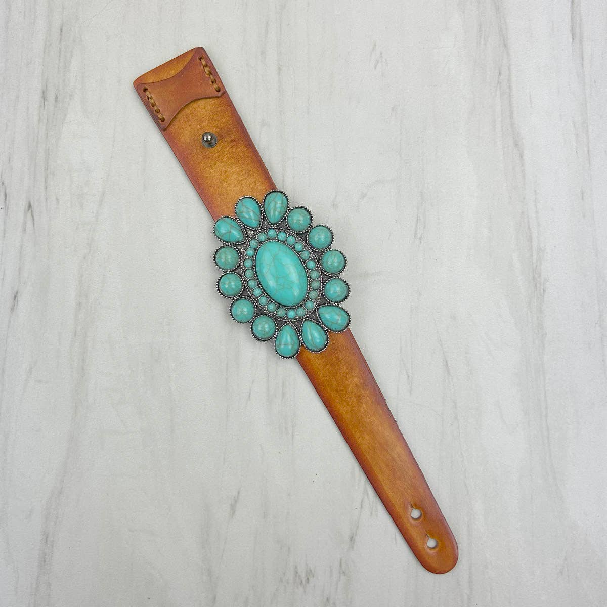 Brown Leather Oval Blue Turquoise Stone Concho Bracelet With Large Stone Western Jewelry WildWestBoho